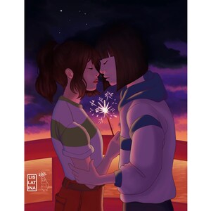 Romantische Sparkler Anime Sunset Scene Art Print - Illustratie - CosmicStardustArt