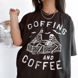 Coffins and Coffee Tee, Halloween graphic tee, comfort colors Halloween, spooky shirt, skeleton shirt