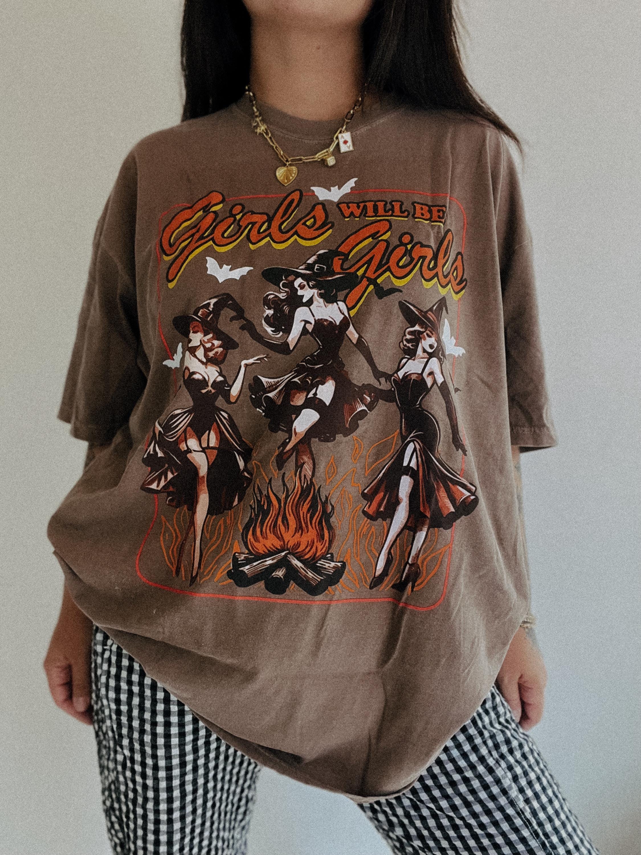 Girls Will Be Girls Halloween Tee, feminist trendy witchy Halloween tee, vintage inspired Halloween graphic tee