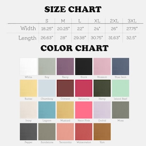 May include: A size chart and color chart are displayed on a light background. The size chart shows measurements in inches for widths and lengths, ranging from S to 3XL. The color chart presents various colors, including white, black, and neon pink.