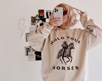 Hold Your Horses Crew, ras du cou à l'esthétique tendance cow-girl occidentale, sweat-shirt rétro d'inspiration vintage