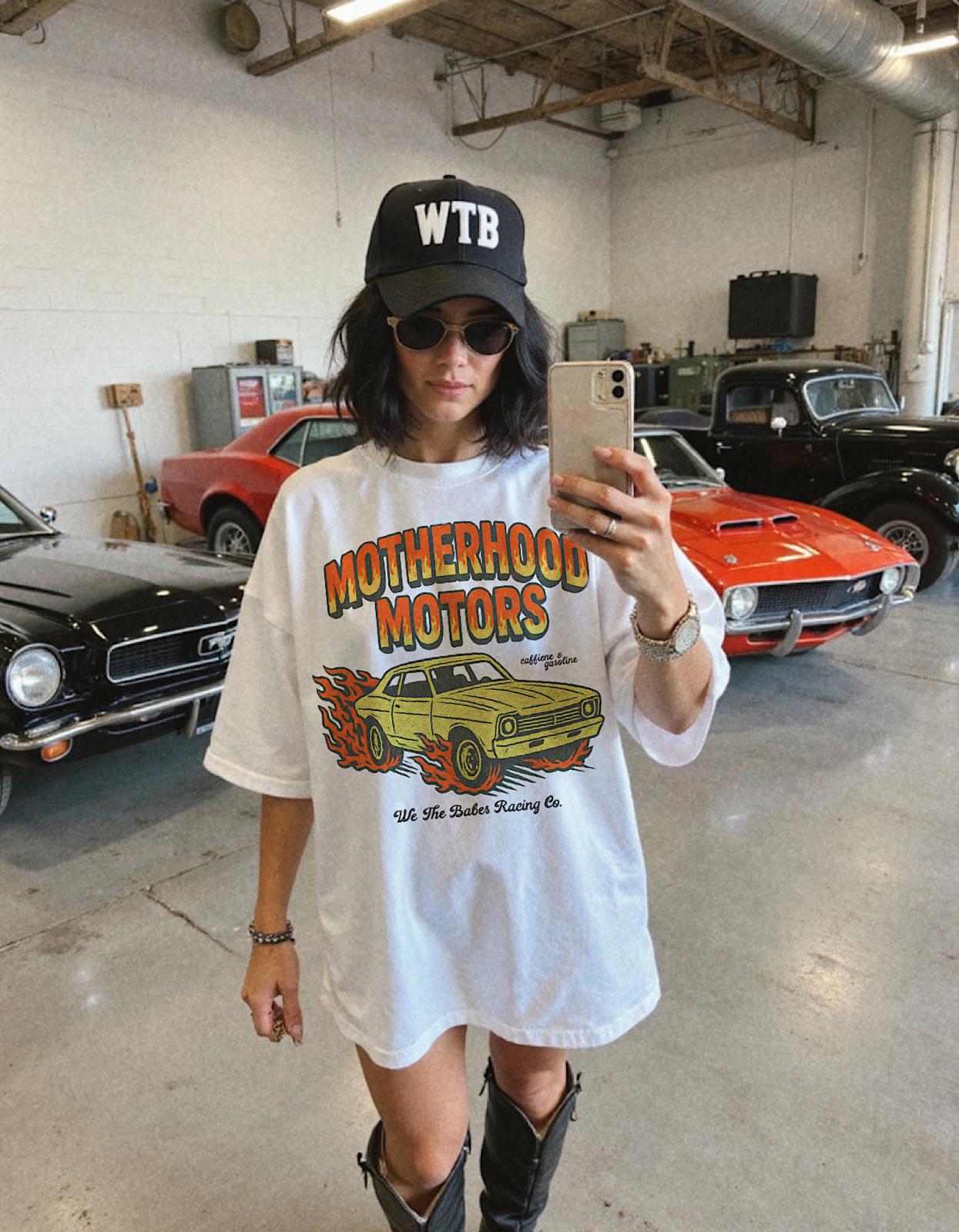 Motherhood Motors Tee, trendy mom vintage inspired muscle car graphic tee, comfort colors graphic tee