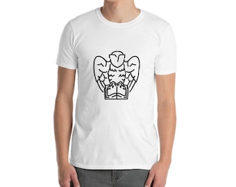 May include: White t-shirt with a black outline of an owl holding a book.
