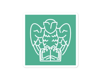 May include: A white line drawing of a stylized eagle with wings spread, perched on a book, on a teal green background.