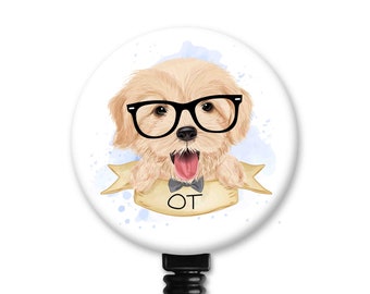 Cute Kawaii Golden Retriever Glasses Dog Watercolor OT Occupational Therapy Therapist Gift - Badge Reel