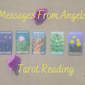 May include: A tarot reading with five cards featuring botanical illustrations. The cards are arranged on a light brown surface, with the words "Messages From Angels" and "Tarot Reading" in yellow script. Purple flowers are placed around the cards.