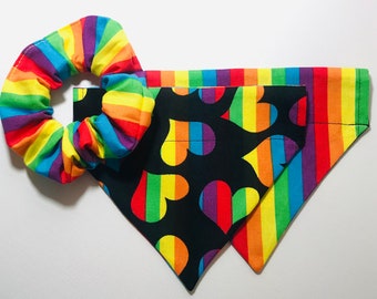 Pride - Rainbow - Over the Collar Handmade Reversible Pet Bandana w/ optional Scrunchie