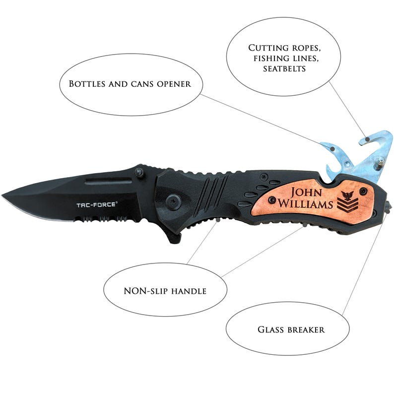 May include: Black pocket knife with a wood handle engraved with "JOHN WILLIAMS". The knife has a glass breaker, a bottle opener, and a serrated blade. The handle has a non-slip grip.