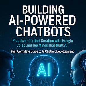 Może przedstawiać: Okładka książki "BUILDING AI-POWERED CHATBOTS" z tekstem: "Practical Chatbot Creation with Google Colab and the Minds that Built AI." Obraz przedstawia ilustrację w tematyce AI i nazwisko autora, Philip Brooks.