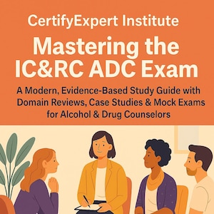 May include: An orange and white graphic with the text "CertifyExpert Institute Mastering the IC&RC ADC Exam." The image shows four people in a counseling session. The text also mentions study guides, mock exams, and alcohol and drug counselors.