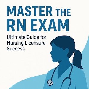 May include: Book cover with the title "MASTER THE RN EXAM" in large blue letters. The cover features a silhouette of a nurse with a stethoscope and the text "Ultimate Guide for Nursing Licensure Success". The author's name, Philip Brooks, is at the bottom.