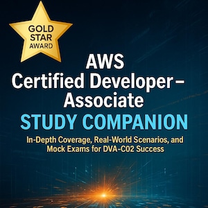 Puede incluir: Portada del libro "AWS Certified Developer-Associate Study Companion" con una estrella dorada. Presenta exámenes de prueba, escenarios de arquitectura y el nombre del autor, Philip Brooks.