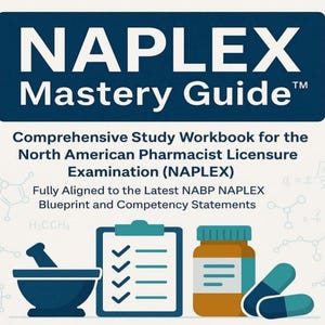 May include: A navy blue graphic with the text "NAPLEX Mastery Guide" and the subtitle "Comprehensive Study Workbook for the North American Pharmacist Licensure Examination (NAPLEX)". Includes illustrations of a mortar and pestle, clipboard, pill bottle, and capsules.