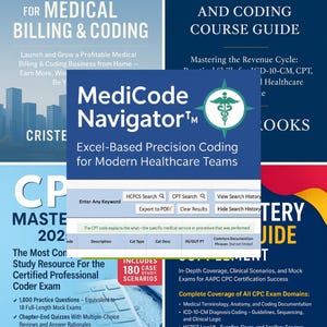 May include: A collection of medical coding and billing guides and study resources. Titles include "Home-Based Business Start-Up Guide," "Comprehensive Medical Billing and Coding Course Guide," and "CP Master 2023." The books cover exam preparation and coding scenarios.