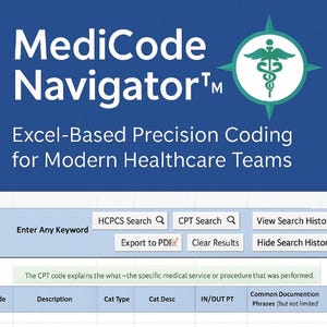 May include: A blue graphic with the text "MediCode Navigator" and the tagline "Excel-Based Precision Coding for Modern Healthcare Teams." Includes search bars and a medical symbol. The image is designed for healthcare professionals.