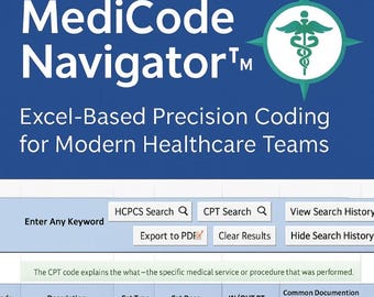 MediCode Navigator™ Excel Tool | CPT, HCPCS, ICD-10, & National Drug Code Search Dashboard | Medical Coding Assistant | Instant Code Lookup