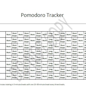 以下が含まれることがあります： 「Pomodoro Tracker」というタイトルと、上部に「タスク」というテキストが書かれた、白黒の印刷可能なポモドーロトラッカー。トラッカーは、10行12列のグリッドです。各列は、「作業」、「休憩」、「長休憩」とラベル付けされています。