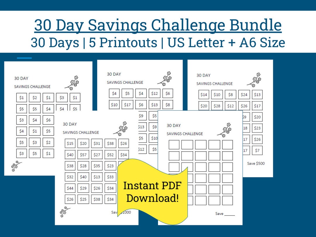 Printable 30 Day Savings Challenge Bundle | Letter and A6 Size | Blank ...