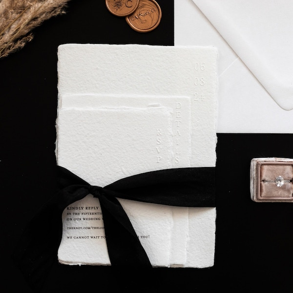 Embossed Wedding Invitation Suite | Handmade Deckled Edge Invitations | Luxury Cotton Paper Wedding Stationery Set