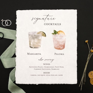 Insegna per cocktail e bar per matrimoni - Insegna con bordo frastagliato - Insegna per matrimoni personalizzata - Insegna per bevande speciali - Insegna per cocktail con acquerello