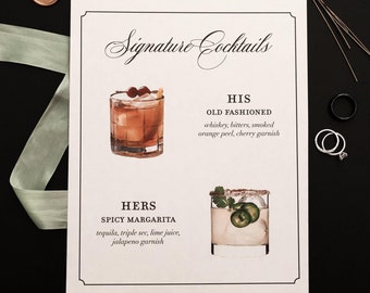 Hochzeit Signature Cocktail Zeichen - Benutzerdefinierte Aquarell Grafik Drinks
