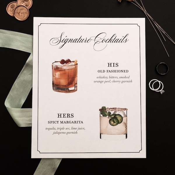 Wedding Signature Cocktail Sign – Custom Watercolor Graphic Drinks