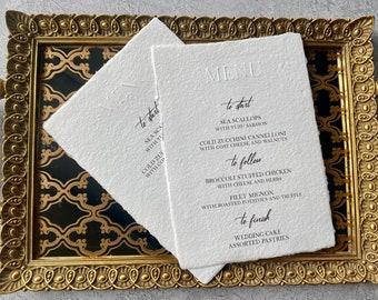 Embossed Wedding Menu - Deckled Edge Paper- Custom Wedding Menu (Sold in Sets of 10)