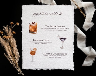 Custom Wedding Cocktail Sign - Deckled Edge 8in x 10in Signature Cocktail Sign - Watercolor Specialty Drink Sign