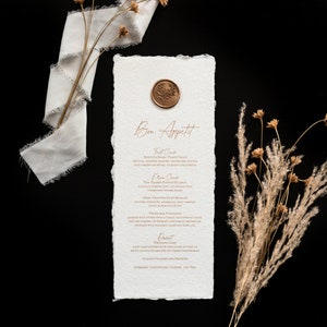 Wedding Menu (Set of 10) Matte Gold Ink- Bon Appetit Slim Wedding Menu- Deckled Edge Menu-Wax Seal Wedding Menu- Birthday Menu