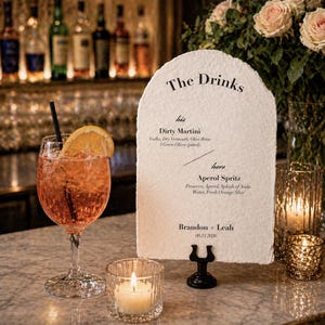 May include: A cocktail in a stemmed glass with an orange slice garnish, next to a menu board that reads "The Drinks". A lit candle in a glass votive and a floral arrangement are also present.