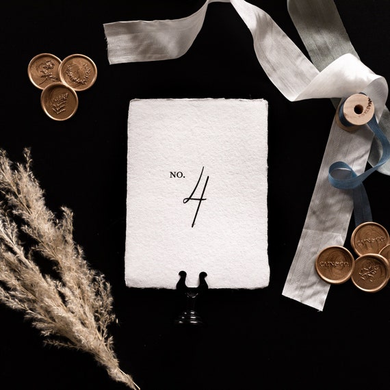 Classic Modern Table Number - Handmade Deckled Edge Paper with Calligraphy