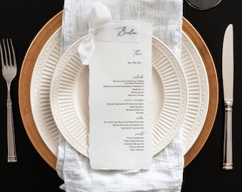 Handmade Wedding Menu with Place Card (Sold in Sets of 10) - Frayed Silk Ribbon - Deckled Paper