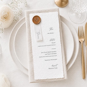 Wedding Menu printed on Luxury Handmade Deckled Paper | Name Tag with Wax Seal