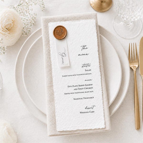 Wedding Menu printed on Luxury Handmade Deckled Paper | Name Tag with Wax Seal