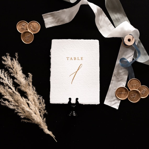 Gold Wedding Table Number- Deckled Edge Handmade Paper - Romantic Reception Table Decor