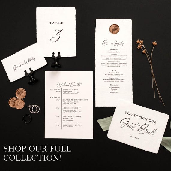 Handmade Deckled Edge Wedding Menu – Wax Seal, Custom Print (set