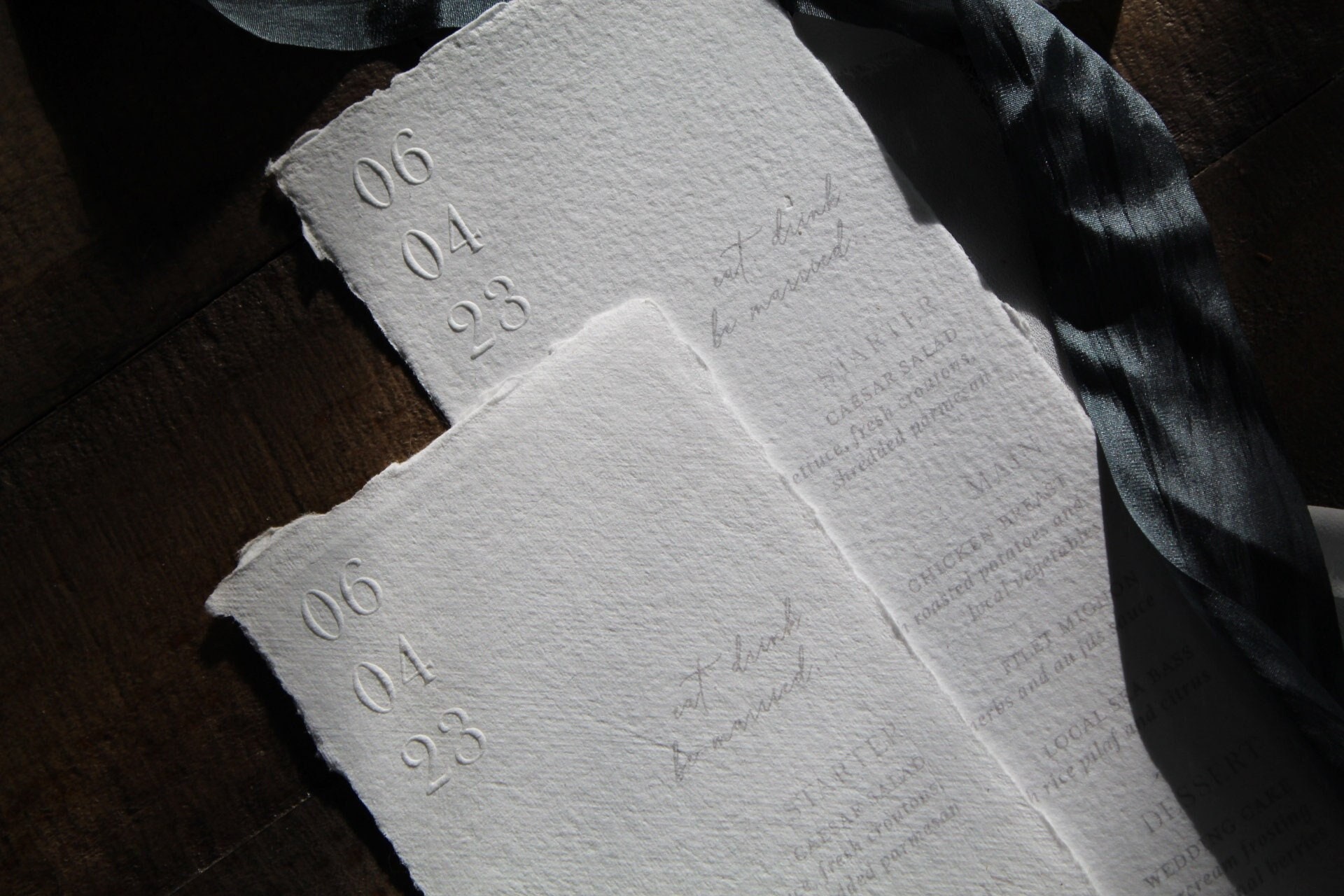 Embossed Deckled Edge Wedding Menu – Torn Handmade Paper Menu for Boho or Elegant Reception – Custom Printed Dinner Menus