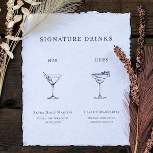 Enseigne cocktail personnalisée (8 x 10 po.) - Enseigne en papier taché imprimé - Enseigne pour boisson signature - Enseigne pour cocktail de spécialité de mariage - Enseigne de cocktail minimale