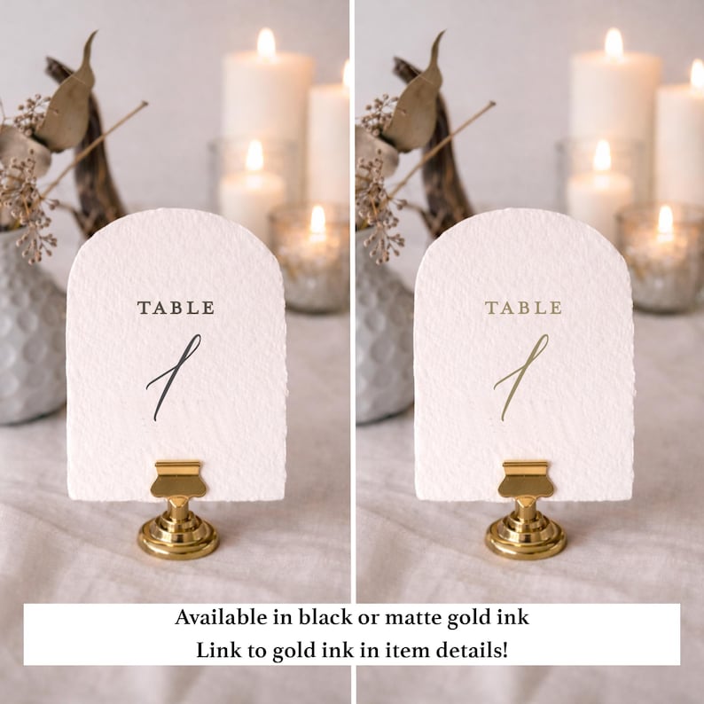 Printed Deckled Wedding Table Number with Stand Option- vintage luxury arch shaped - handmade paper image 2