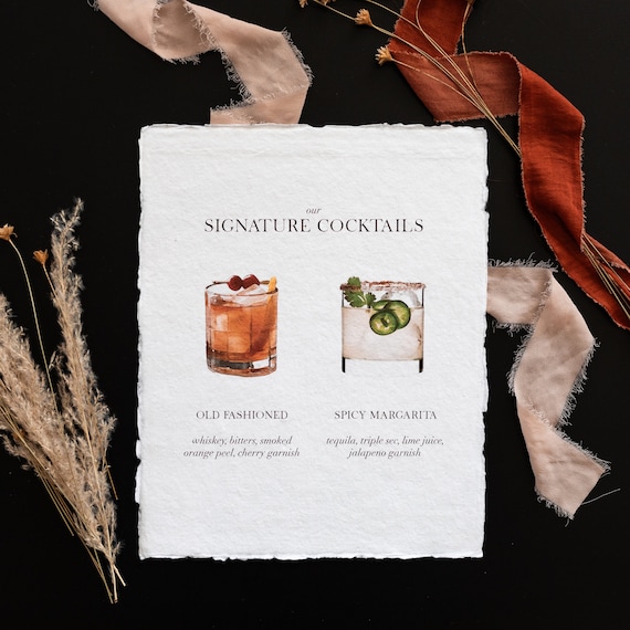 Handmade Wedding Signature Cocktail Sign - Deckled Edge Paper (8x10)