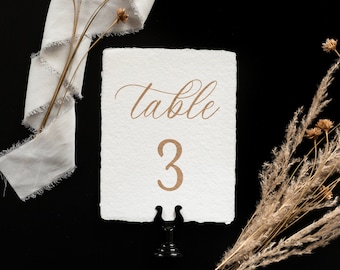 Gold Script Table Number- Deckled Edge Wedding Table Number