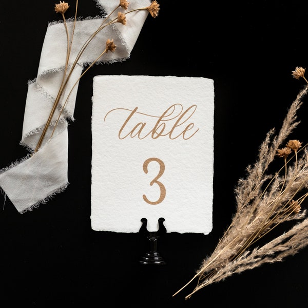 Gold Script Table Number- Deckled Edge Wedding Table Number