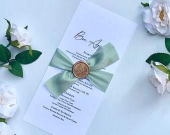 Elegant Minimal Wedding Menu-Silk Ribbon- Wax Seal (Set of 10)