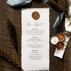 Wedding Menu (Set of 10)- Bon Appetit Slim Wedding Menu- Deckled Edge Menu-Wax Seal Wedding Menu- Birthday Menu