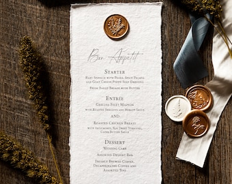 Wedding Menu (Set of 10)- Handmade Deckled Edge Menu - Wax Seal Detail - Custom Printed Menu - Modern Minimal Reception Menu