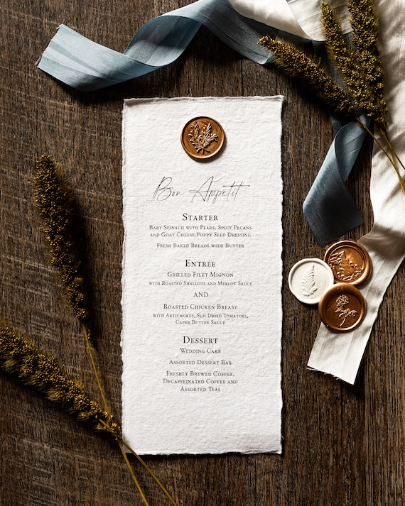 アンティーク　メニュー　MARIAGE Handmade Deckled Edge Wedding Menu – Wax Seal, Custom Print (set