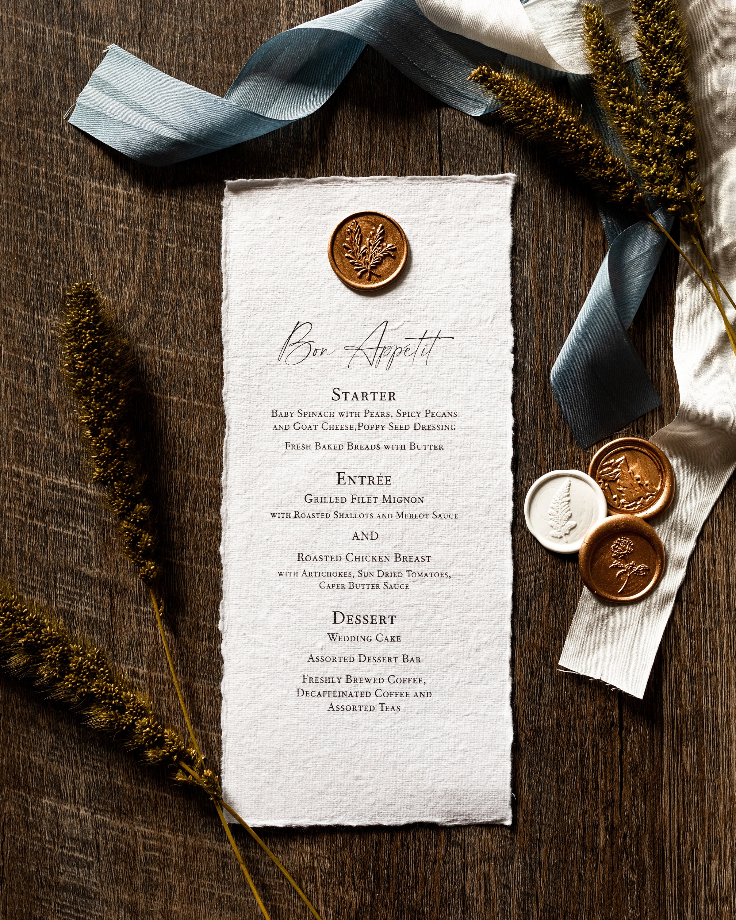 Handmade Deckled Edge Wedding Menu – Wax Seal, Custom Print (set
