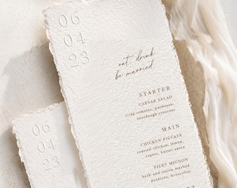 Embossed Wedding Menu – Printed on handmade deckled paper for luxury wedding reception