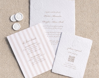 Embossed Seashell Wedding Invitation | Deckled Cotton Paper Suite