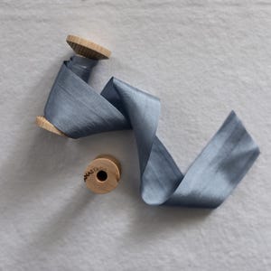 Dusty Blue Hand-Dyed Silk Ribbon - 1.25in - 100% Silk with Woven Edge